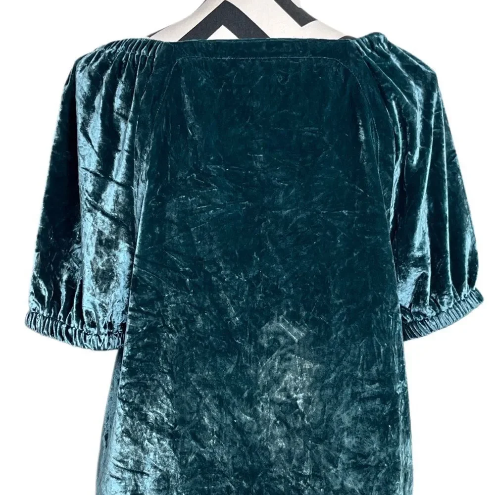 NWT Loft Whimsigoth Boho Teal Crushed Velvet Puff Sleeve Blouse Sz M